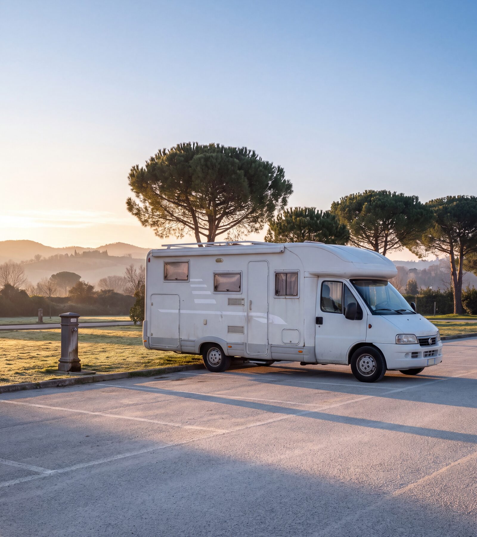 Camper mansardato bianco parcheggiato da solo in un'area di sosta all'alba, con pini marittimi e colline sullo sfondo