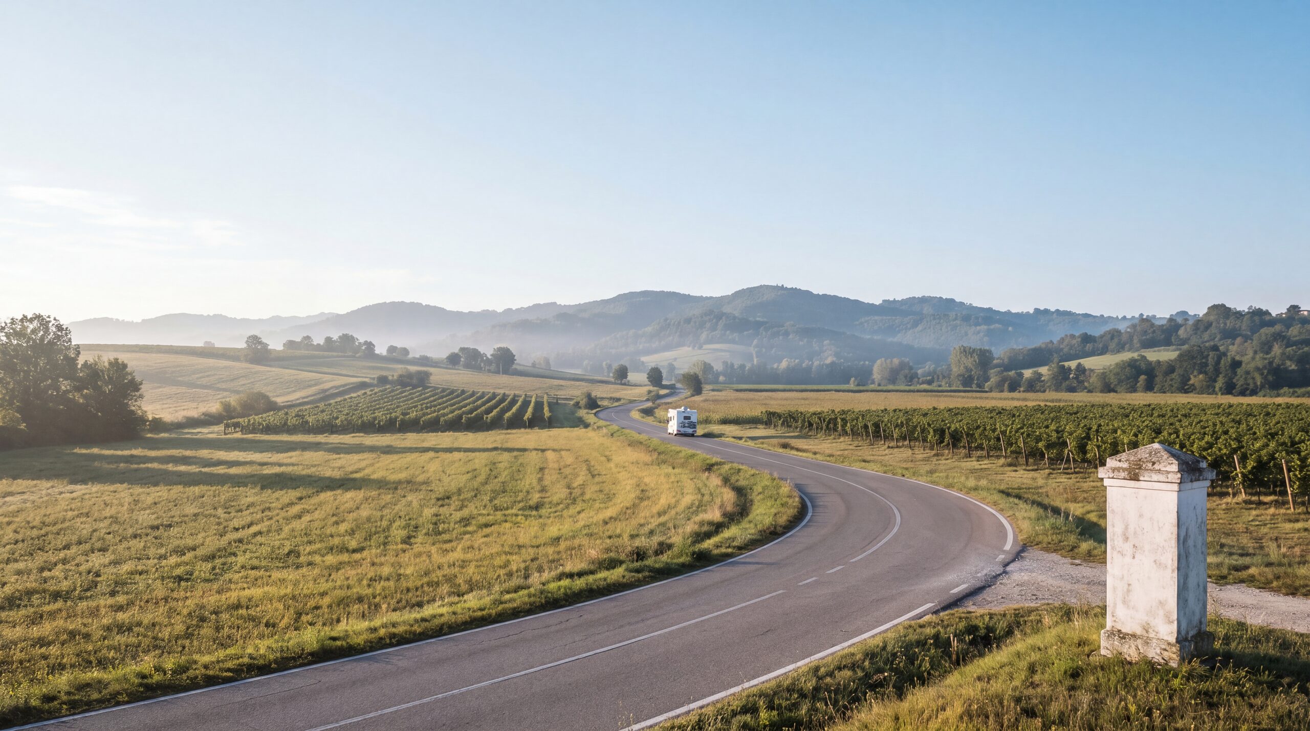 Strada di campagna in Romagna tra campi e vigneti, con un camper lontano e un cippo stradale in primo piano