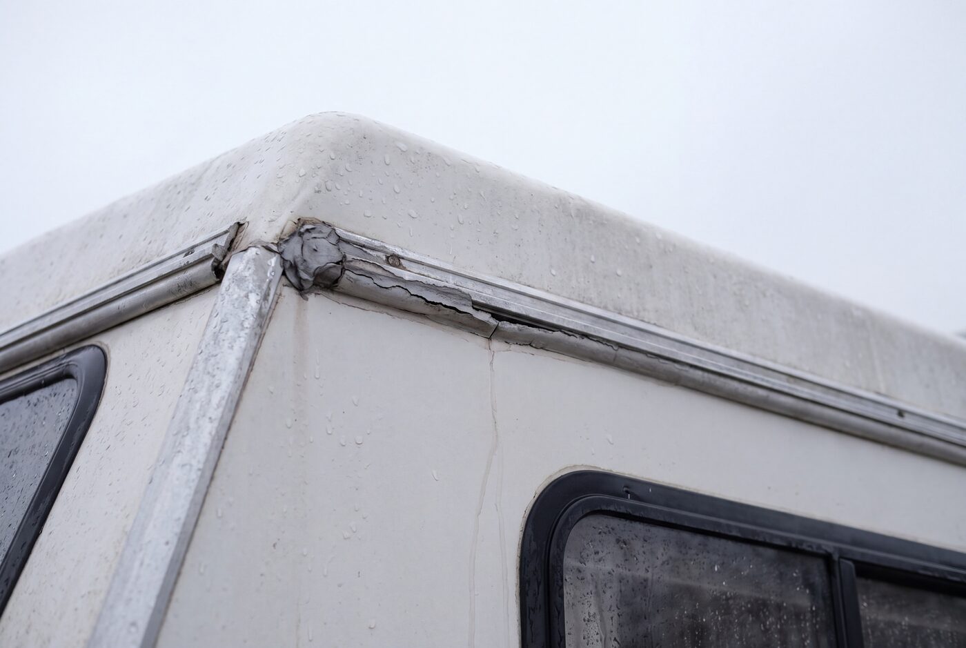 Angolo del tetto di un camper con il sigillante screpolato lungo il profilo e una riga d'acqua che scende sulla parete